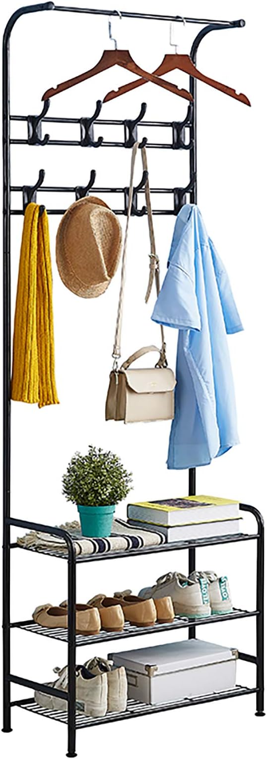Coat Rack Shoe Bench with 16 Hooks, Metal Coat Hat Rack Free Standing Clothes Stand with 3-Tier Shoe Rack Bench, Hat Umbrella Stand Hallway Organiser, 3-in-1 Hall Tree with Metal Frame, Easy Assembly