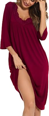 YYA Nightgowns for Women 34 Sleeve Sleepwear Lace Comfy Sleep Gowns Pleated V Neck Plus Size Nightshirt S-4XL