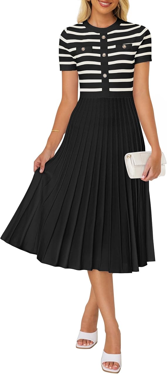 ZESICA Women Striped Crewneck Short Sleeve Elegant Midi Dress | Button, Ribbed Knit Fabric, Pleated A Line Swing, 2026 Trendy, Casual Beach Vaction, Work Business, Formal Classy Church