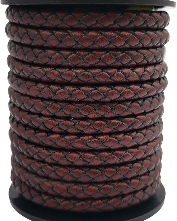 3 Yards Uncut 5mm Diameter Round Braided Bolo Cords Regenerated Leather Strap for Bracelet Making or Jewelry Beading Red Brown