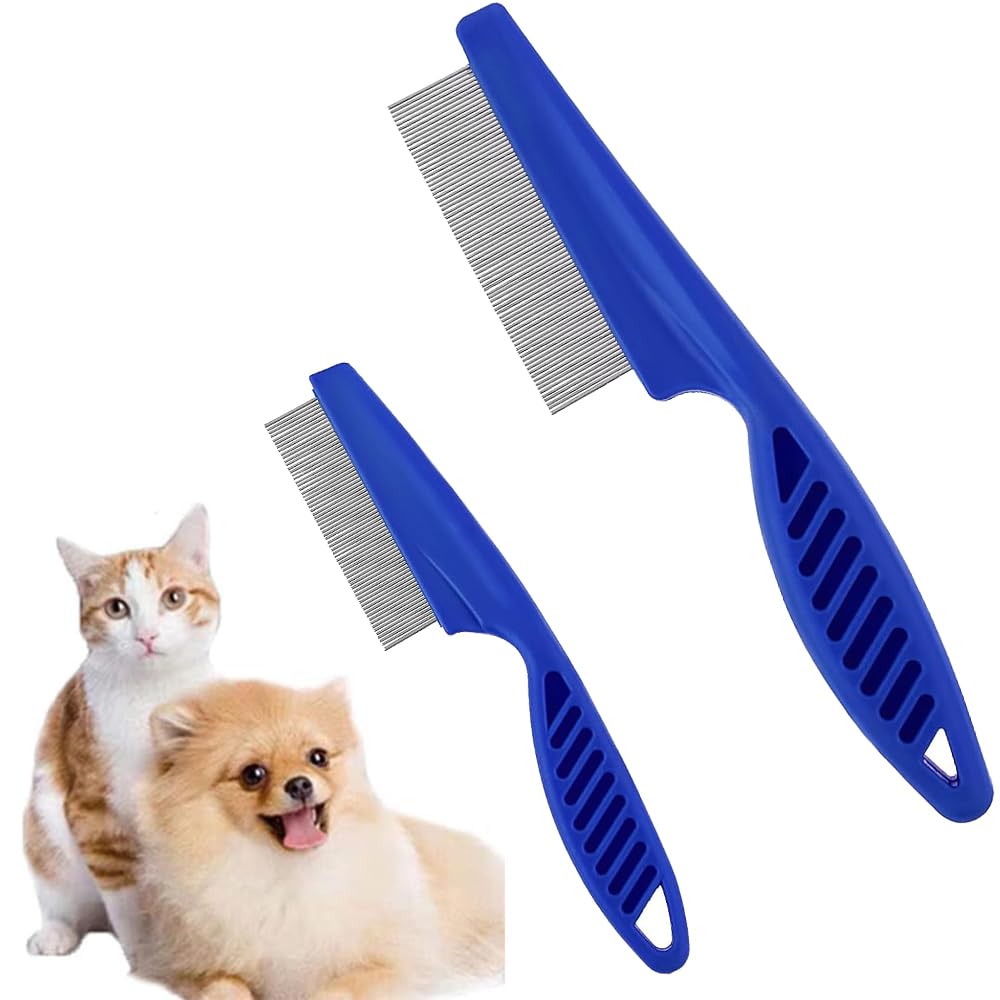 Pet Hair Comb, 2-in-1 Multifunctional Stainless Steel Pet Grooming Comb for Dog and Cat for Flea, Tear Stain Removal, and Dehairing Dogs and Cats Face, Paws, and Body Blue