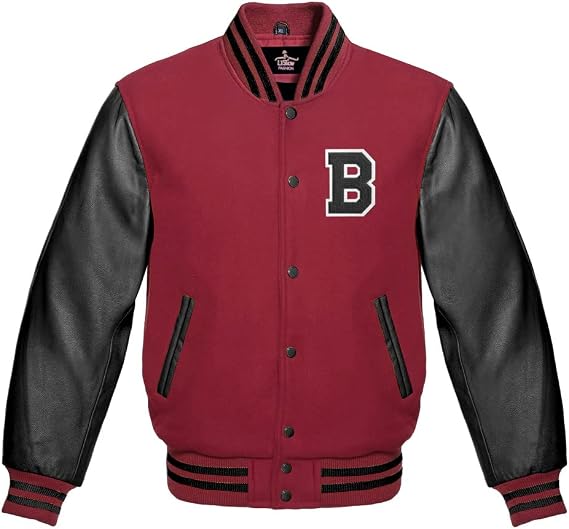 Men's Varsity Baseball Letterman Bomber Maroon Wool & Black Genuine Leather Sleeves B Logo Jacket