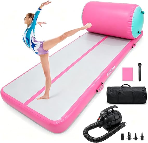 Estgora Gymnastics Mat for Tumbling Tumble Track, Thick Inflatable Gymnastic Training Equipment for Kids Home Gym Cheerleading with Electric Pump-Pink&Mint,10FT