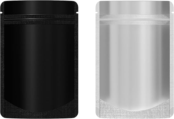 QQ Studio 100 Single-Sided Matte Metallized Foil Stand Up Packaging Bags with Resealable for Dry Pasta Products (Frosted Front & Matte Black, 8.5x13cm (3.3x5.1"))