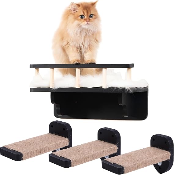 Cat Wall Shelf With 3 Steps And Plush Cover For Indoor Cats - Black