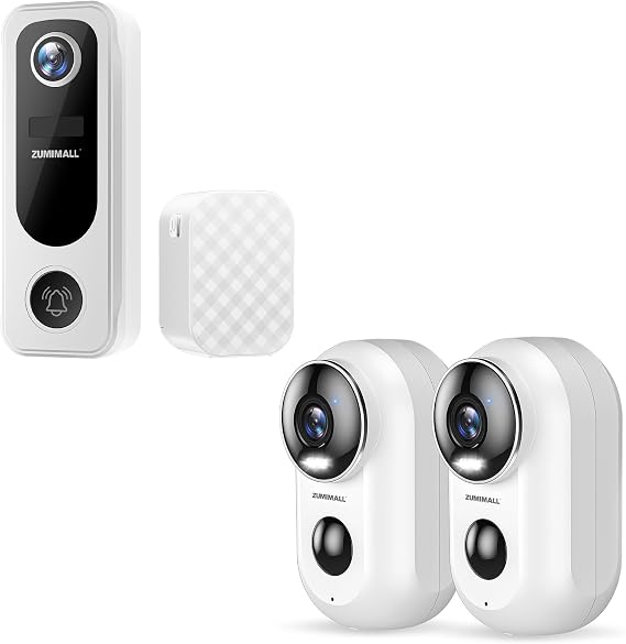 ZUMIMALL Video Doorbell Wireless with Chime, Doorbell Camera Wireless, 2 Way Audio, Voice Changer, 30s Voice Message, Anti-Theft, AI Detection, 2.4Ghz WiFi, Battery Powered, Work with Alexa, White