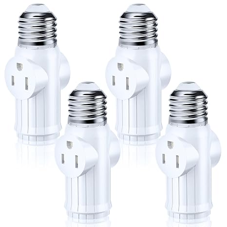 (4 Packs) Light Bulb Plug Adapter, Screw in E26 E27 Light Socket to Plug Adapter for Expanding 3&2 Prong Sockets, Safety Performance Light Socket Adapter for Patio, Garage, Porch (White)