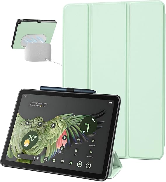 Case for 11-inch Google Pixel Tablet 2023 Release, Adjustable Viewing Angle Protective Trifold Stand Slim Cover with Pencil Holder Compatible with Charging Speaker Dock, Light Green
