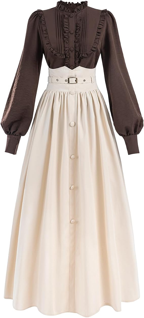 NSPSTT Victorian Dresses Edwardian Dress for Women Long Sleeves Victorian Blouse Maxi Dress Brown