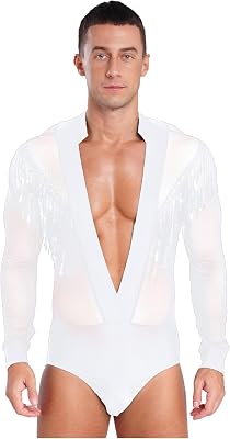 Mens Shiny Latin Dance Shirt Leotard Sheer Mesh Ballroom Salsa Rumba Figure Skating Romper Bodysuit