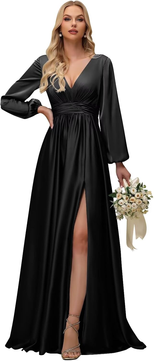 Fivsole Womens Satin Bridesmaid Dresses with Sleeves Long Sleeves Formal Evening Gowns with Slit