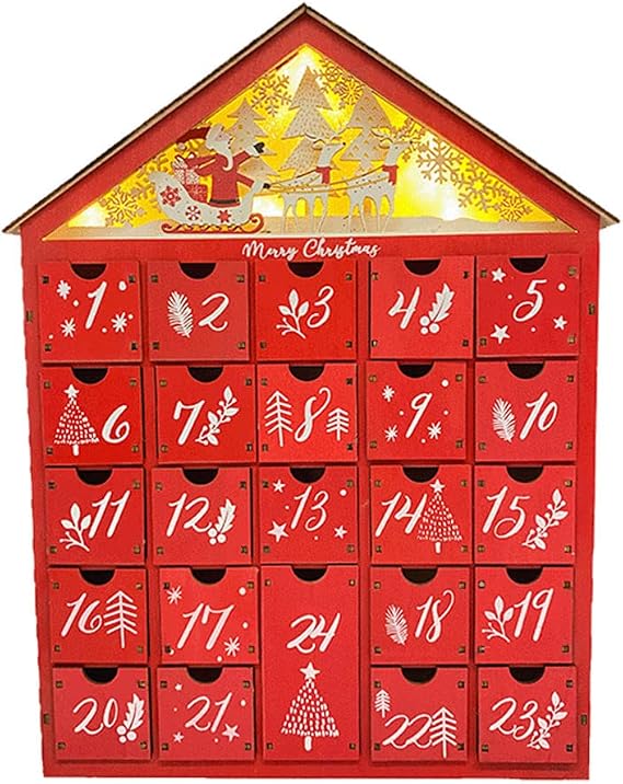 GUOOL Wooden House Shaped Christmas Advent Calendar for Kids LED Luminous Small Gift Candy Drawers 24 Storage Boxes Christmas Wooden Advent Calendar Bow Shape 24 Drawers Christmas Decoration Stuffer