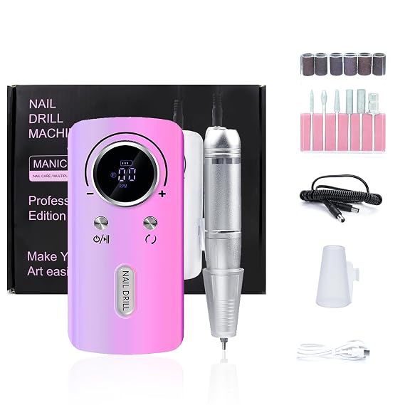 Electric Nail Drill File Professional,30000 RPM Portable Nail Drill Machine Kit Manicure Pedicure Tools Polishing Set with Nail Drill Bits Sanding Bands (Dazzling Purple)