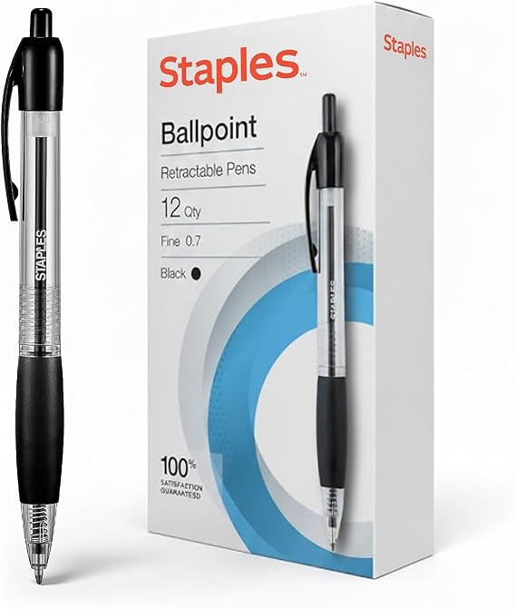 Staples Retractable Ballpoint Pens, Medium 1.0mm, Black Ink, 12-Pk | Comfortable, smooth-writing pens for everyday office and school use.
