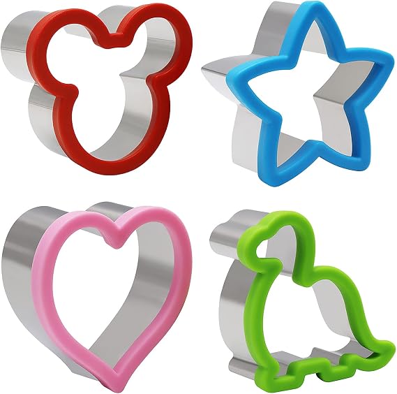 AMJKEJI Cookie Cutter Set of 4, Stainless Steel, Mickey Mouse, Dinosaur, Star, Heart Shapes, for Bread, Cake, Fruit, Bakeware