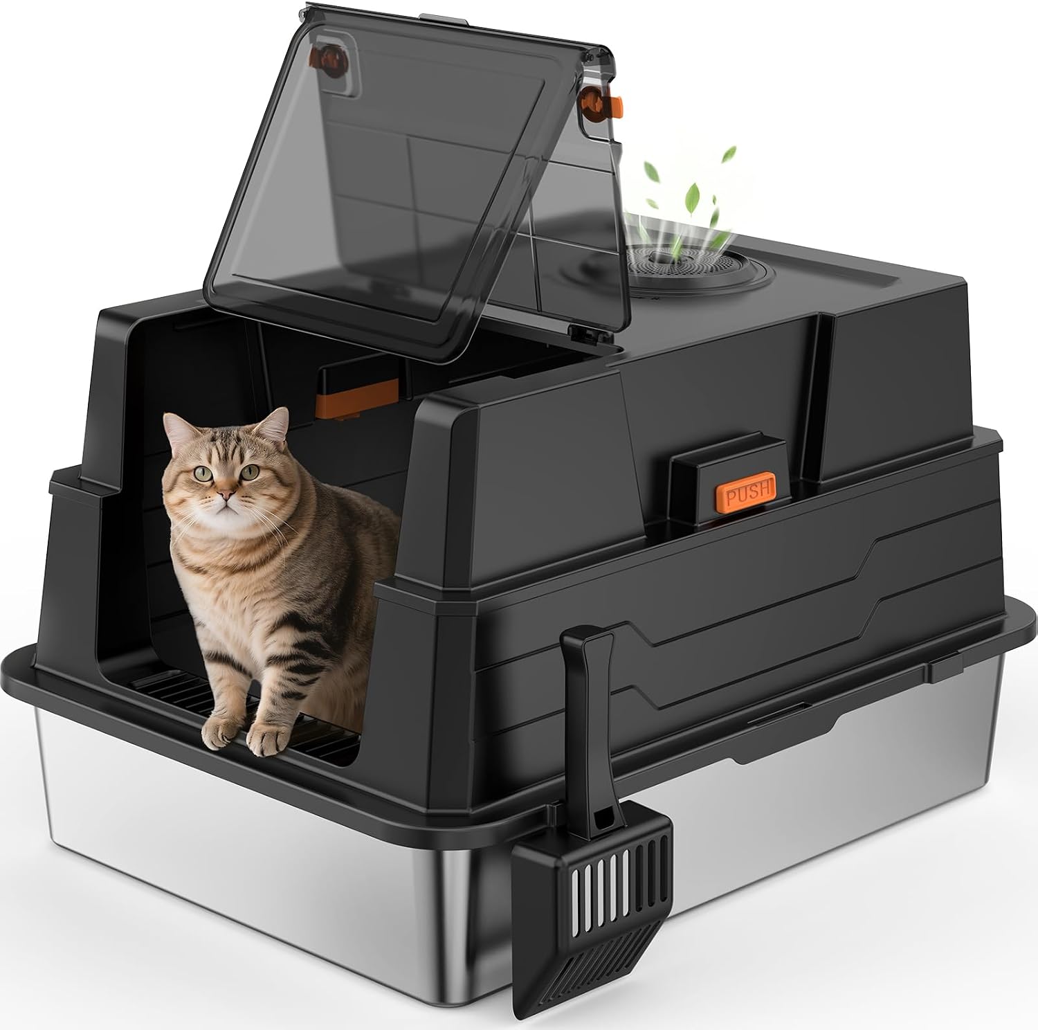 Extra Large Enclosed Stainless Steel Cat Litter Box with Lid - L Giant Metal Enclosed High Sides Litter Boxes for Multi-Cat Households and Overweight Cats - Black