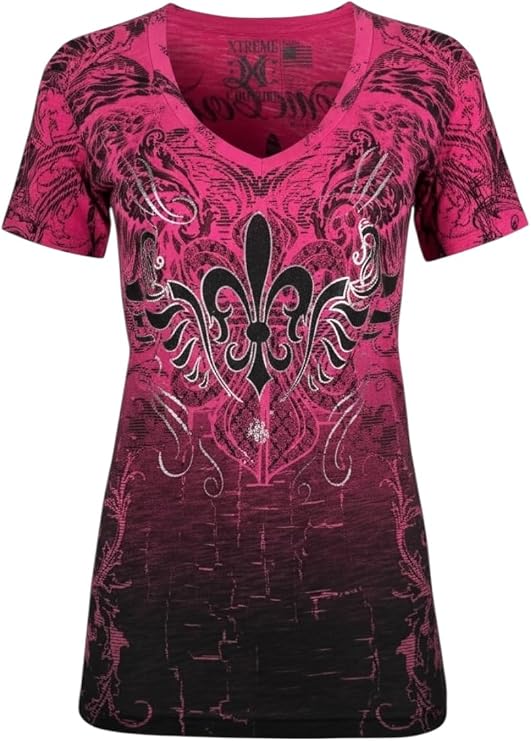 Xtreme Couture by Affliction Women's T-Shirt Reverence, Pink Fleur-de-Lis Graphic Design with Short Sleeves