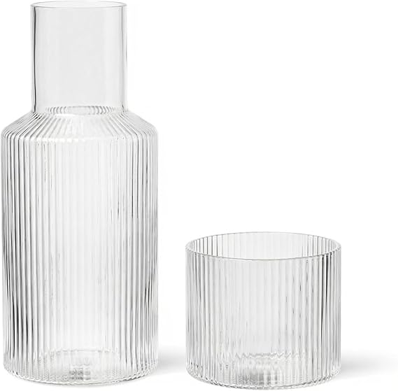Bedside Carafe and Glass Set, Use Tumbler as Lid Night Table Water Carafe, Classic Vertical-Striped 33.8oz Glass Pitcher with 11.8oz Tumbler Lid for