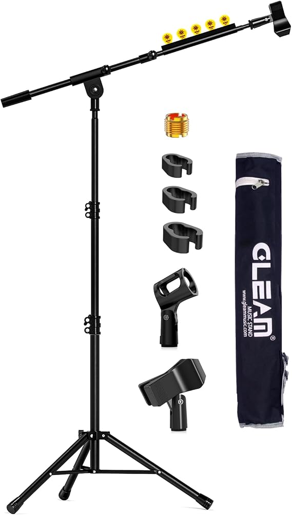 GLEAM Microphone Stand for Light Microphone less than 1 LB - Tripod Boom Arm Mic Stand with Carrying Bag, 2 Mic Clips and Screw Adapter Portable for Singing Performance Wedding Stage and Mic Mount