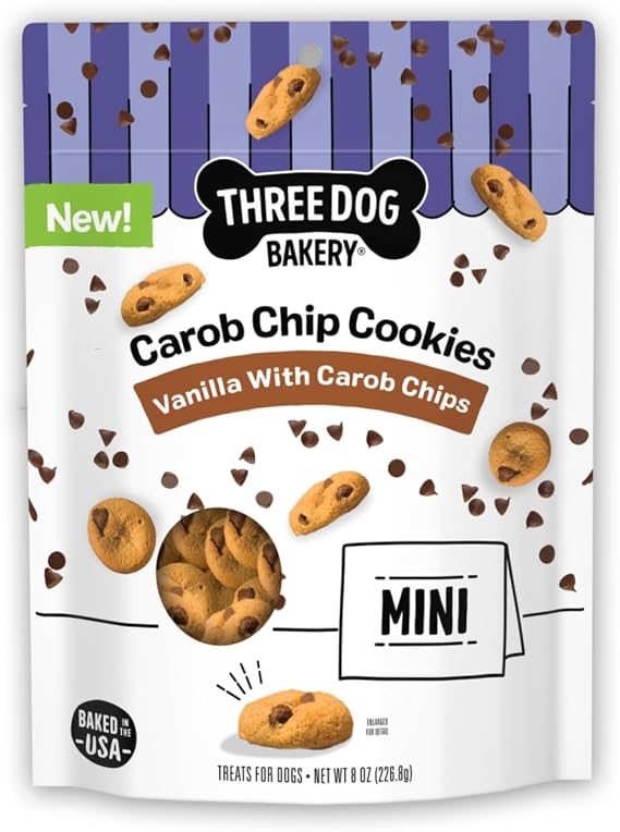Three Dog Bakery Mini Carob Chip Cookie Crunchy Dog Treats - Made with Real Ingredients - Bite-Sized Crunchy Treats for Dogs - 8 oz Bag