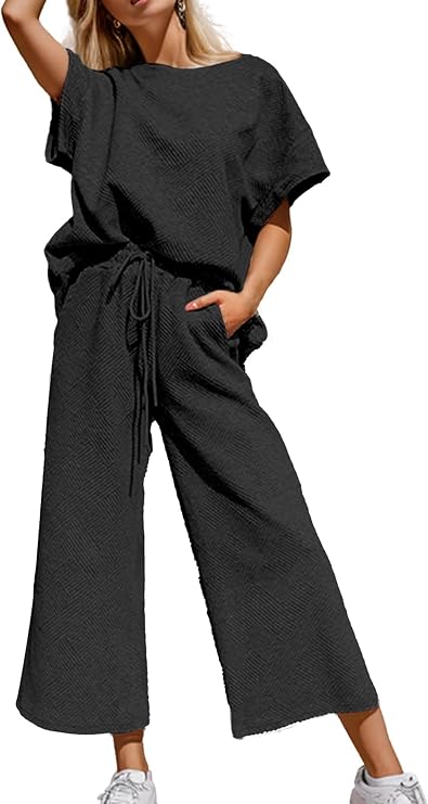 Women 2 Piece Homewear Short Sleeve Tops And Wide Leg Long Pants Matching Lounge Sets