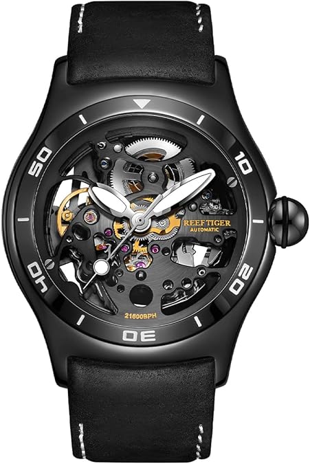 REEF TIGER Top Brand Luxury Skeleton Automatic Mechanical Watch for Men Steel Sport Male Leather Wrist Watches RGA70S7-2