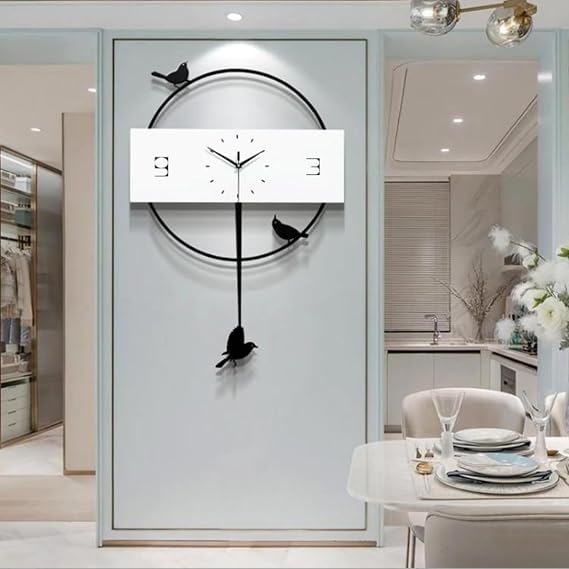 caju art & decoration Large Round Bird Motif Rocking Pendulum Wall Clock White