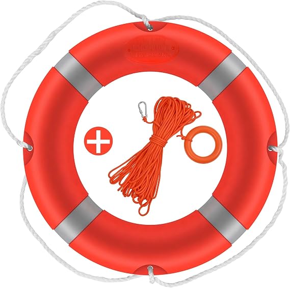 23Inch Life Preserver Ring, Life Ring for Pool with Water Floating Lifesaving Rope 98.5FT Set, Boat Safety Throw Rings, Swim Foam Buoy for Outdoor, Throwable Flotation Device