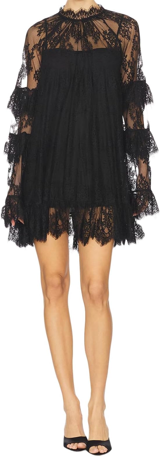 Womem's Sexy Lace See Through Floral Mini Dress Long Sleeve High Neck Sheer Short Dresses Going Out Beach Cover Ups