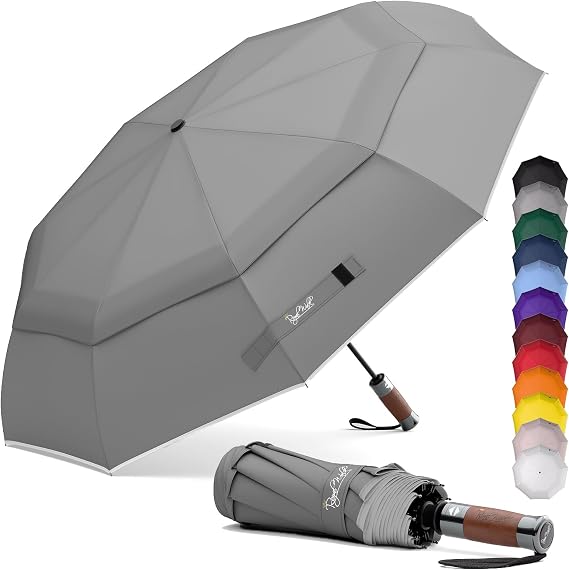 Royal Walk Windproof Folding Travel Umbrella Compact and Strong Luxurious Real Wood Handle Automatic Open Close Vented Double Canopy for Men and Women