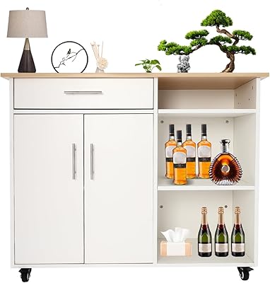 Kitchen Island Cart, Rolling Kitchen Island Side Table on Wheels with Storage Cabinet & Drawer, Mobile Storage Cart with Towel Rack & Handle for Kitchen, Restaurant, Hotel