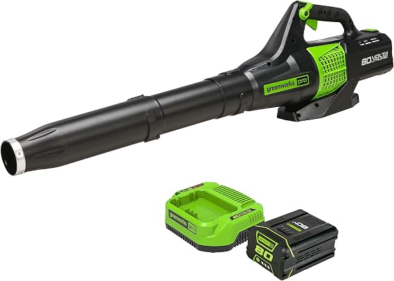 Greenworks 80V Electric Leaf Blower, 500 CFM, 2.0 Ah Battery and Charger