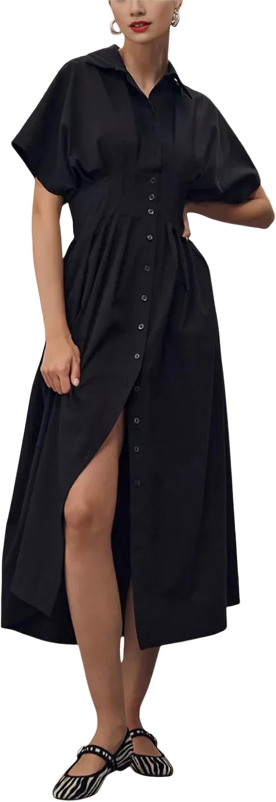 Yeokou Shirt Dress for Women Summer Casual Short Sleeve Button Down Loose Pleated Maxi Sundress with Pockets