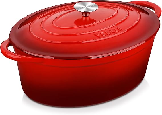 Velaze 7.5 QT Oval Enameled Cast Iron Dutch Oven Pot with Lid,Red