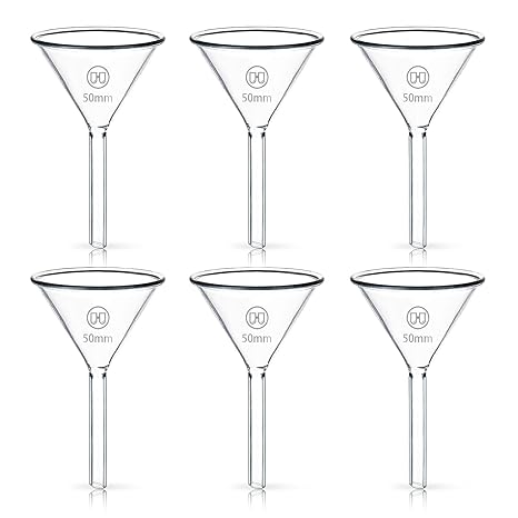6pcs 50mm Small Glass Funnel Set, Tiny Short Stem Funnel, Spice Powder Motor Mini Oil Filtering Funnel, 3.3 Borosilicate Glass, Refill Water Bottle for Science Lab Kitchen | Short Stem Small Funnel, 3.3 Boro Glass Automotive Oil Filter Mini Funnels, Filling Bottles for Science Labs Kitchen Use
