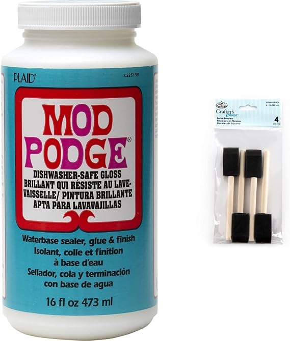 Mod Podge 16 oz Dishwasher Safe Gloss, Royal & Langnickel Foam Brushes, Black, 1"
