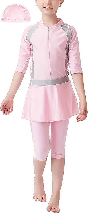 AUBIG Muslim Swimsuit for Kids Girls Long Sleeve Full Coverage Burkini Swimwear Quick Dry Modest Islamic Bathing Suit