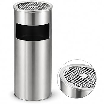 Japard Outdoor Ashtray Trash Can, Stainless Steel Garbage Can, Round Commercial Waste Bin Container Receptacle for Office, Hotel Silver