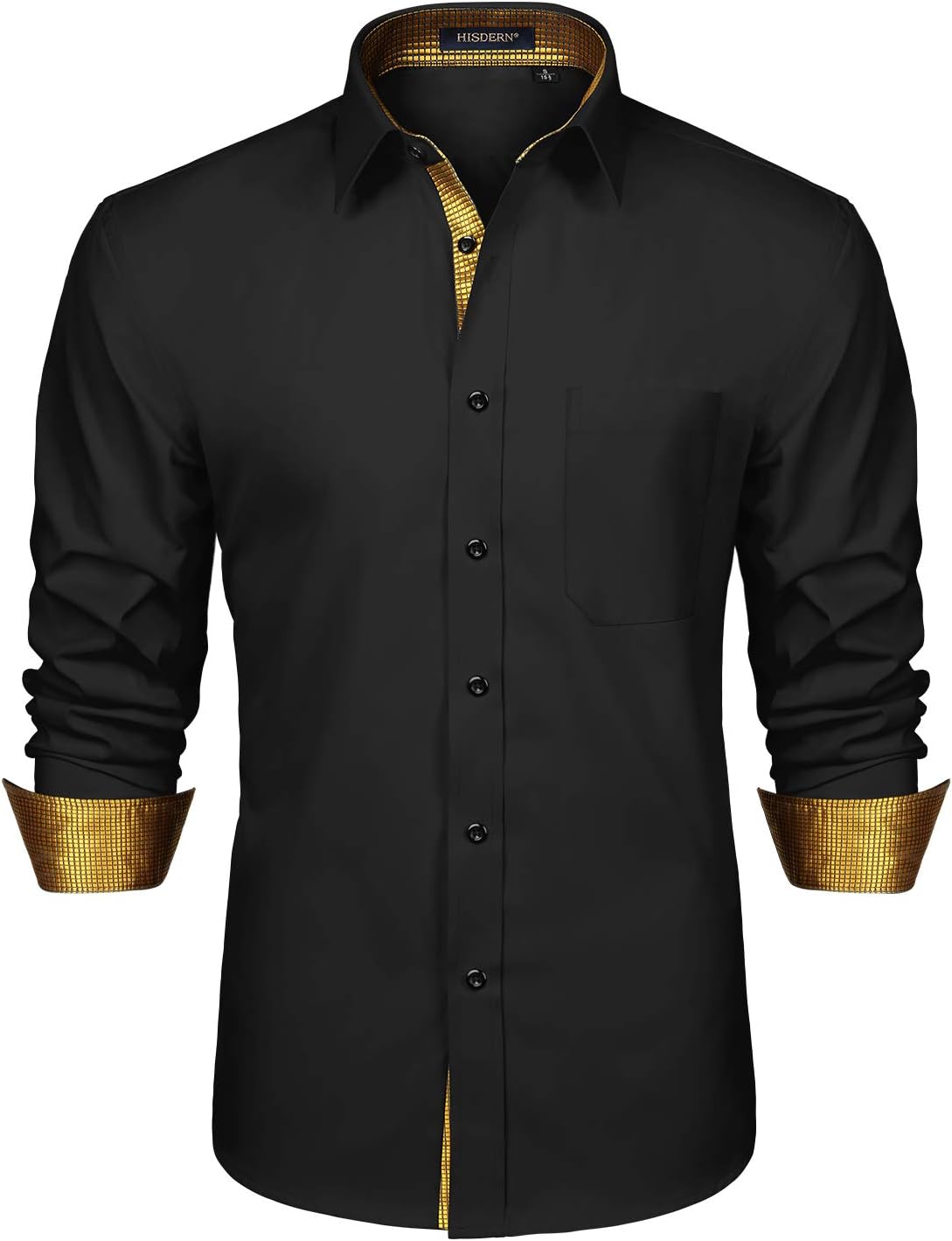 HISDERN Men's Inner Contrast Shirt Casual Formal Classic Button Down Dress Shirts Long Sleeve Plaid Collar Regular Fit