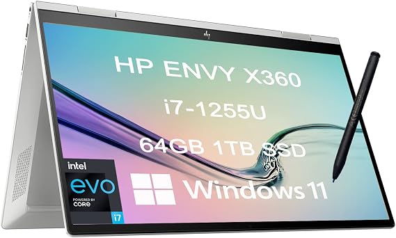 HP 2022 Envy X360 15 15.6" FHD 2-in-1 Touch Screen Intel 10-Core i7-1255U, 64GB RAM, 1TB PCle SSD, Active Stylus, FHD Convertible Laptop, Backlight, Thunderbolt 4 x 2, Webcam, Windows 11 Home