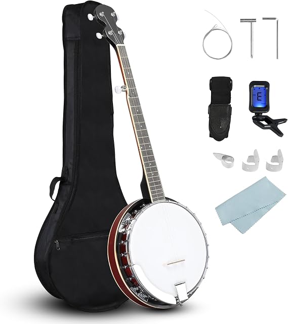 Ktaxon 5 String Banjo, Full-Size Closed Solid Sapele Back, Right Hand | Left/Right Handed, Premium Mahogany Neck, Polished Rich Wood Finish, Portable Bag