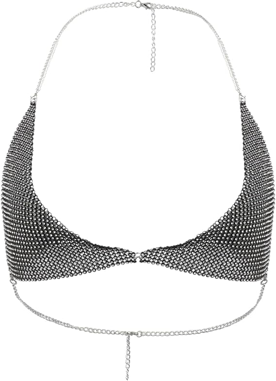 PURFUN Sparkly Metal Rhinestone Crop Top Women Halter Neck Triangle Bra Body Chain Raves Beach Pool Party Bikini Top Cover Up