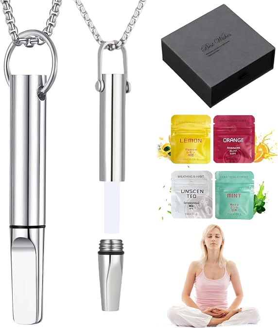 Breathing Necklace with Resistance, Portable Detachable Breathefree Necklace with 4 Flavoured Inner Filter Packs, Gift for Women Men Meditation (Silver)
