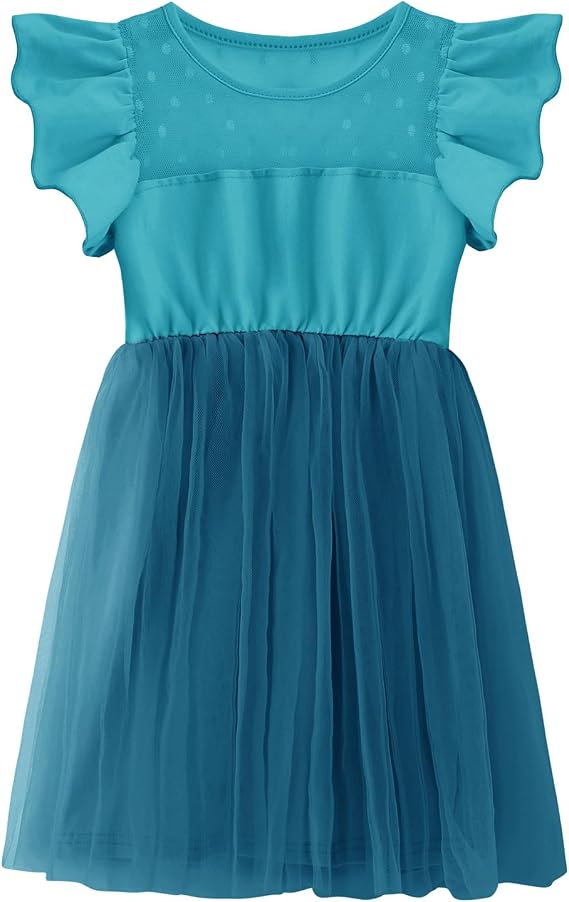 Girl Ruffle Sleeve Tutu Dress Size 3-7 Years | Cotton Blend, Mesh Tulle, Soft Breathable Material, Summer, Beach, Birthady, Princess Party Sundress