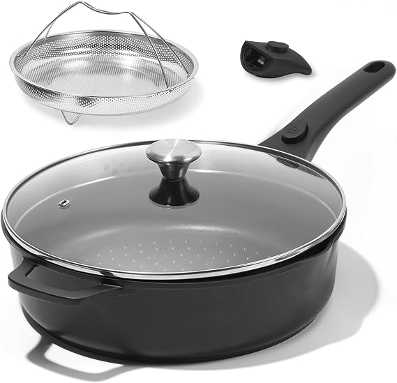ESLITE LIFE Nonstick Always Pan with Lid, 11 Inch(4.5 Qt) Deep Frying Skillet Saute Pan, Safe for Oven, Induction & All Cooktops, PTFE & PFOA Free (Black Granite, 11" w/Lid & Steamer)