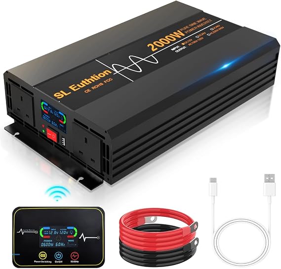 2000W/4000W(Peak) Pure Sine Wave Duty Car Power Inverter 50HZ 12V DC to 230/240V AC with LCD Display, USB Port, Wireless Remote Control（10M) for Car Home Laptop Truck