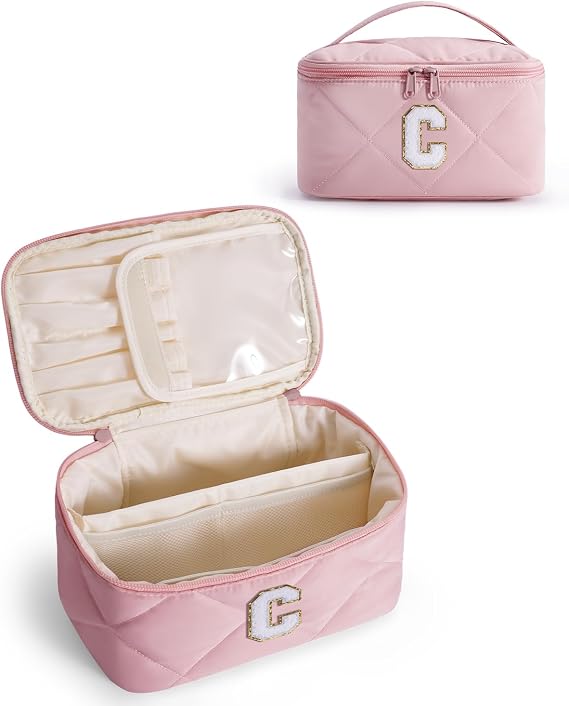 Wandering Nature Puffer Initial Makeup Bag, Personalized Travel Make Up Organizer Cosmetic Bags with Brush Holder and Divider, Gift with Chenille Letter for Moms, Wives, Girlfriend, Besties (C, Pink)