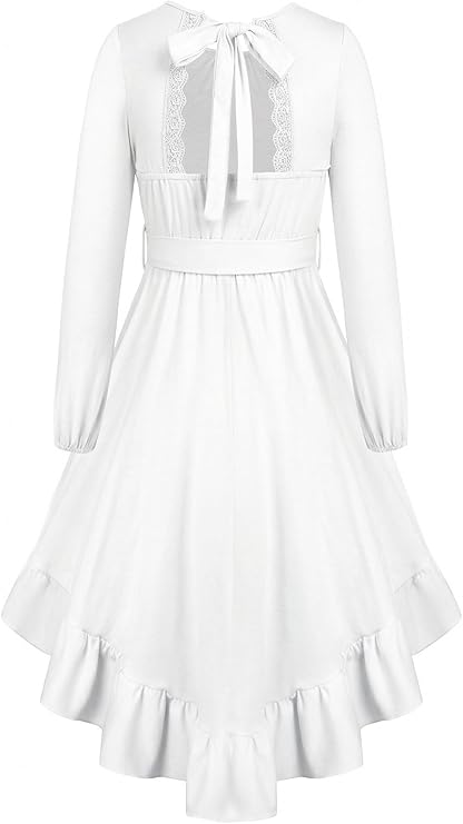 Girls Long Sleeve Dress Teen Kids Tie Back Lace Backless High Low Ruffle Swing Dresses with Belt Size 5-16 Years