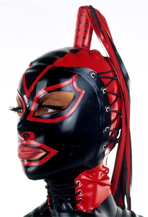 Latex Mask Rubber Hood with Latex Ponytail Braid Rope Tightened Headband Halloween Party Mask, Black