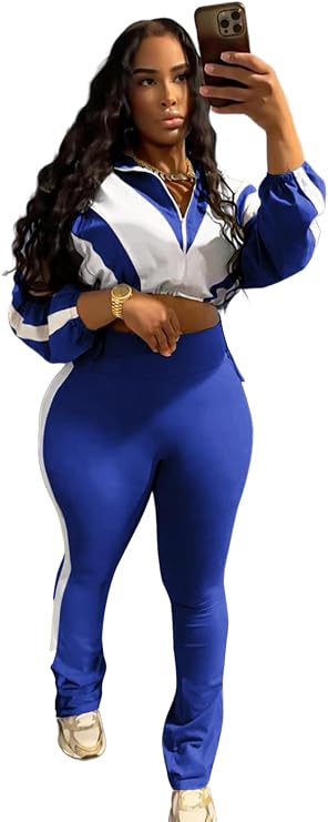 Women 2 Piece Outfit Casual Sweatsuit Zip Up Jacket Long Pants Workout Sets | Long Sleeve,Color Block,Full Zip Drawstring Cropped Tops,Wide Leg Sweatpants,Two Piece Tracksuit for Lounge Gym Jogger